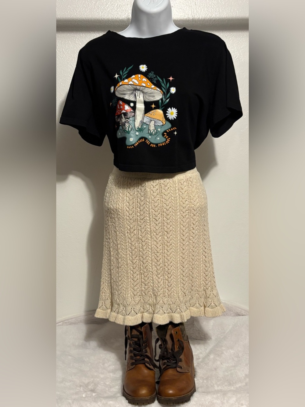 Black Crop Top with Mushroom Graphic